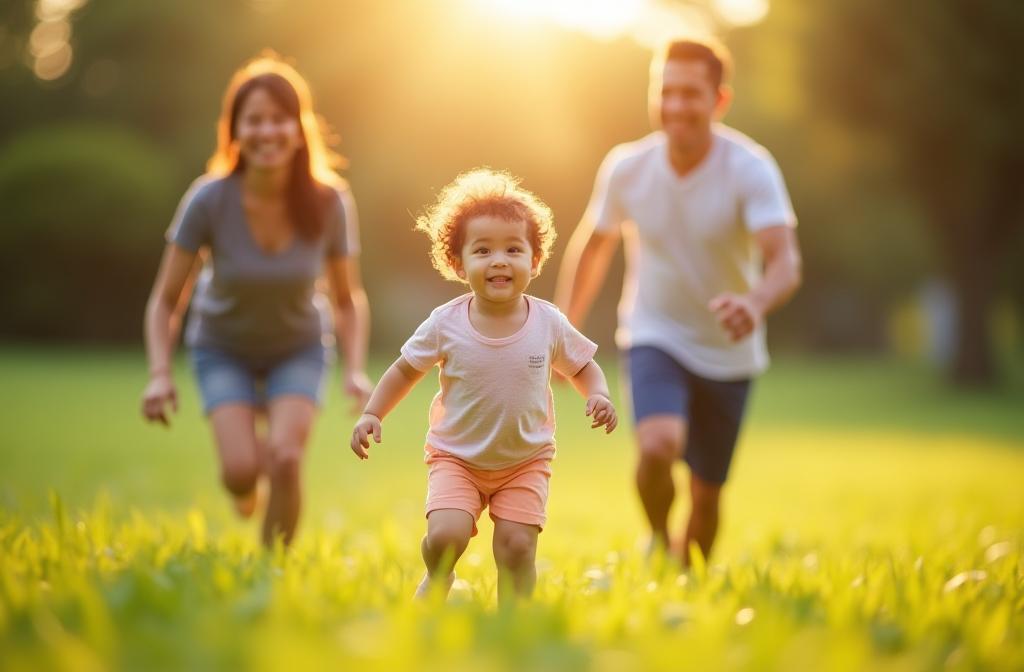 Happy family playing together outdoors, parents smiling at their child
