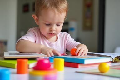 Child doing educational activities with colourful blocks and books