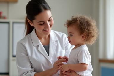 Caregiver gently interacting with a child during a training session