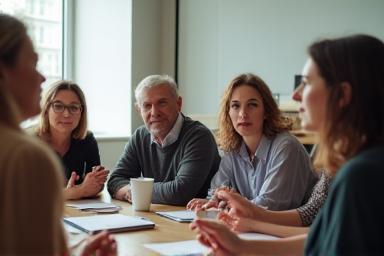 Parents attending a parenting workshop actively discussing